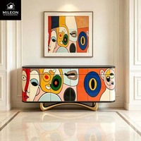 Table console d'art abstrait style Picasso, armoire colorée peinte à la main, base en métal doré, meuble de rangement de luxe pour hall d'entrée