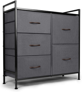 Cómoda multifuncional de 5 cajones con tiradores de madera, organizador de armario de hierro y cajones de tela - Product Image 3