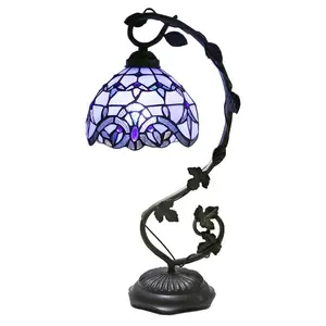 LongHuiJing Stained Glass Reading Lamp Table Light Blue Purple Desk Baroque Tiffany Style