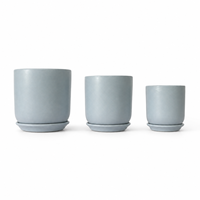 Ensemble de pots à fleurs cylindriques en céramique mate bleu clair, rose et blanc de style nordique avec plateaux assortis et plantes vertes