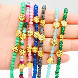 Moda Rodada Pedra Natural Gemstone Frisada Simples Aço Inoxidável Flor Boho Pulseira Mulheres Bijoux