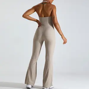 Jumpsuit tulang punggung terbuka tanpa lengan untuk Yoga Halter Flare Jumpsuit olahraga Activewear Fitness Gym Yoga wanita Playsuit kaki kurus satu Pie