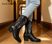 Bottes de cowboy rétro pour femmes, en cuir PU à motif uni, avec broderie épaisse de 5 cm, style coréen, mi-mollet, type bottes du désert