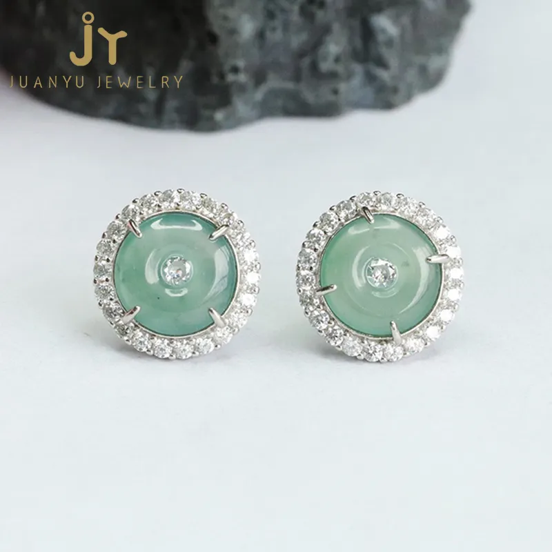 Wholesale Natural Stone Round Donut Earings Fashion Jewelry Geometric Jadeite Earings S925 Silver Myanmar Ice Green Jade Earings