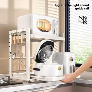 Estante de Almacenamiento para Cocina con Bandeja Deslizable de Doble Nivel, Impermeable, con Estructura Metálica y Altura Ajustable, para Horno de Microondas - Product Image 4
