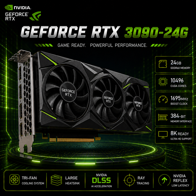 Used RTX 3090 24GB DDR3 High Memory Ray Tracing PCI Express Fan Desktop Gaming Graphics Card with VGA DP Outputs
