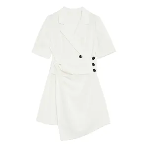 高端设计感不规则夏季女士职业穿翻领连衣裙奢华品牌服装白色双排扣西装外套连衣裙