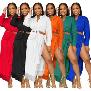 Abbigliamento Femminile Europeo e Americano, Completo Due Pezzi con Camicia e Gonna, Set con Nappine e <span class=keywords><strong>Pizzo</strong></span>, Gonna con Spacco e Lacci - Product Image 1