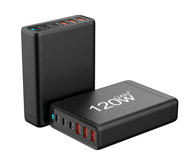 Portable 120W GaN Fast Charger with 3A+3C USB Type C - Multi-Plug Travel Adapter (UK/US/EU/AU)