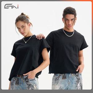 Camiseta de alta calidad de gran tamaño recortada de primavera dobladillo desgastado y parte inferior acanalada cuello redondo mangas cortadas camiseta para hombres - Product Image 4