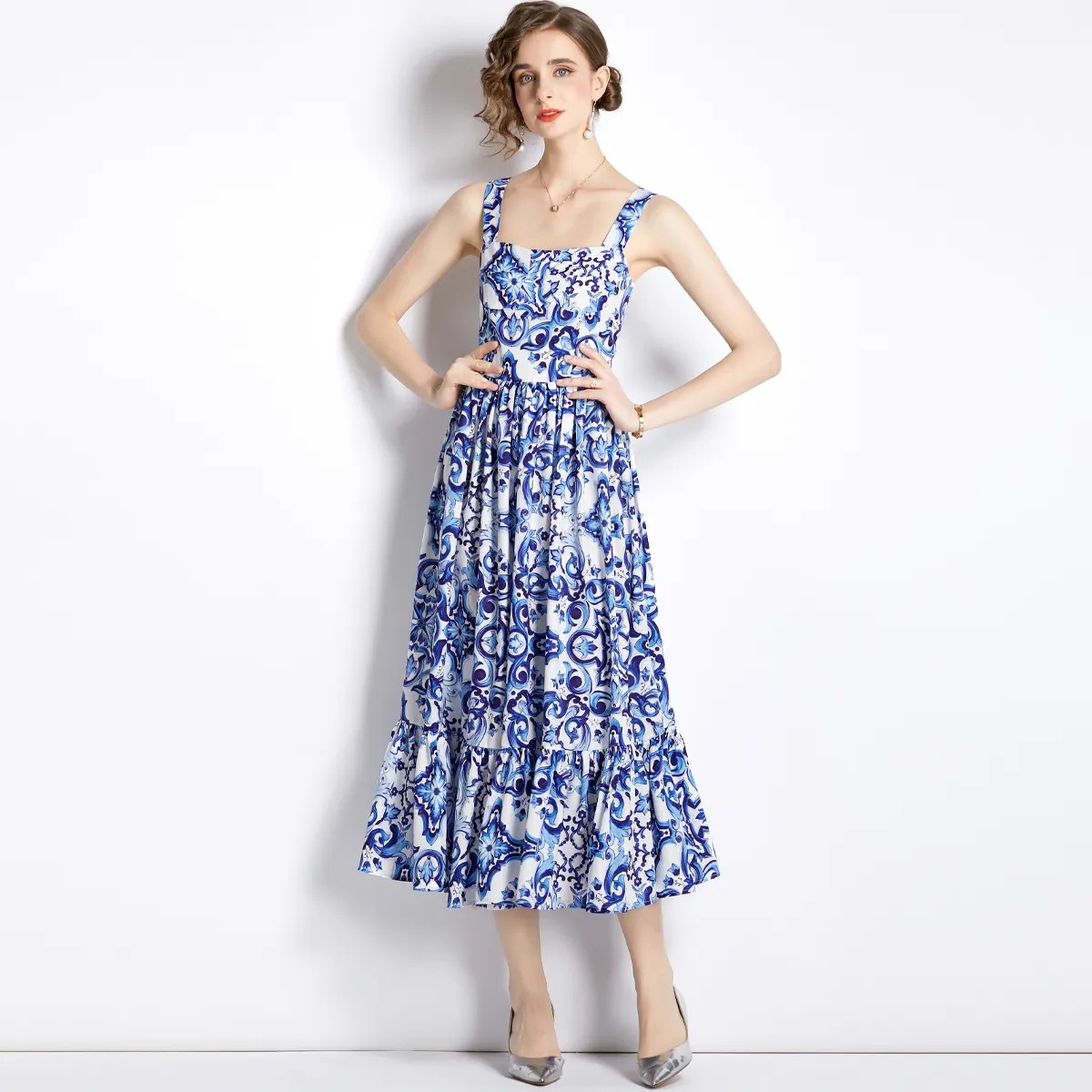 European Style Blue Majolica Print Pleat Dress Women Big Swing Vintage Slip Dress Lady Casual Evening Dress