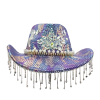 Chapeau de cowboy bohème occidental en gros, imprimé serpent violet, fleurs, strass, perles, franges, pour festival de musique, chapeaux de fête personnalisés pour femmes