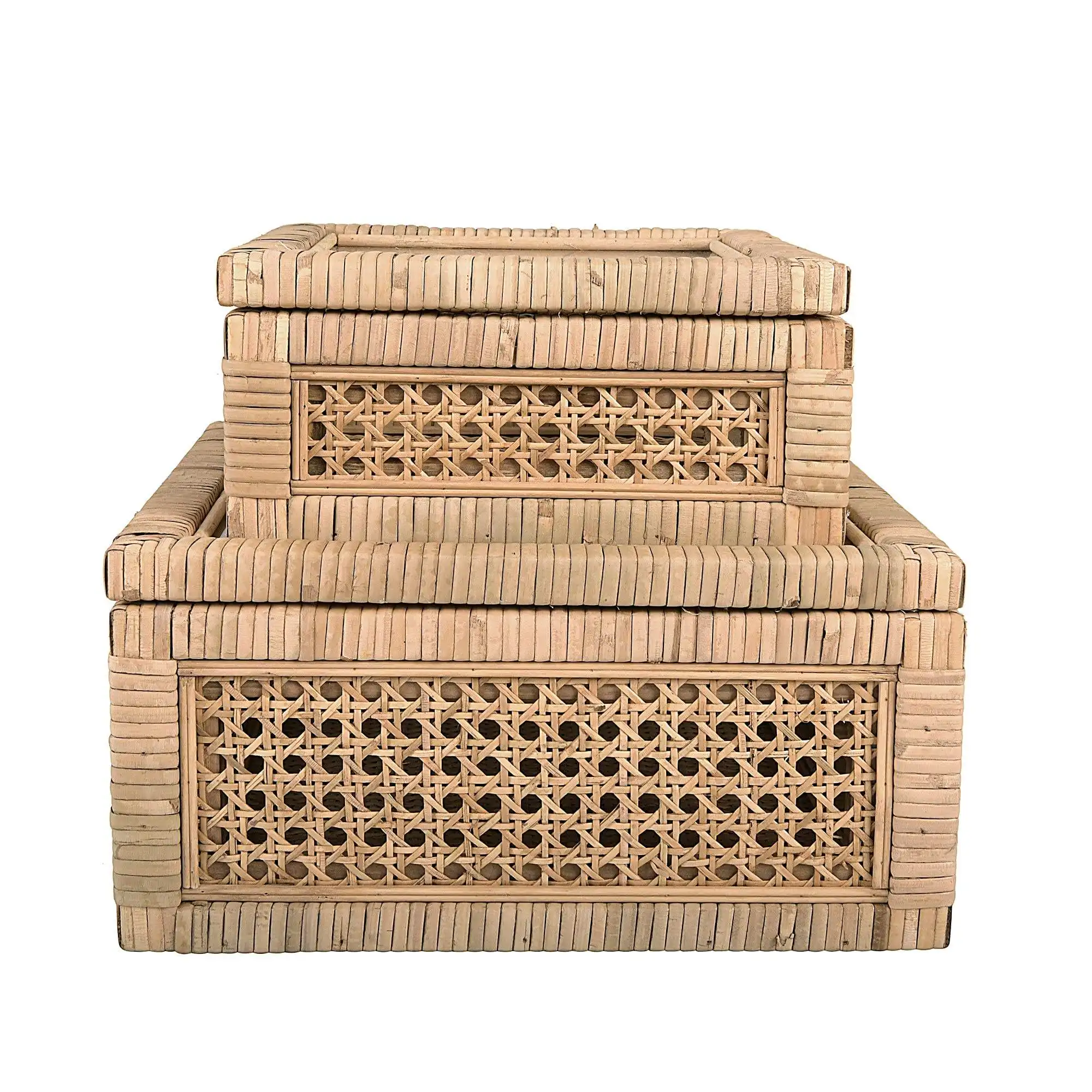 Vendita calda eco-friendly di Rattan di canna da esposizione scatole quadrate rettangolari di vimini coperchio in vetro tessuto tecnica decorativa