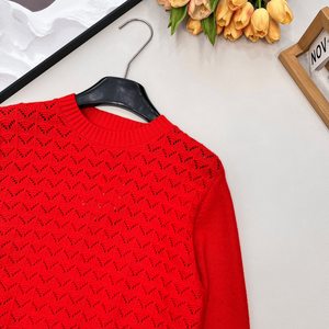 Suéter de punto calado para mujer, cuello redondo, manga larga, informal, para otoño - Product Image 5