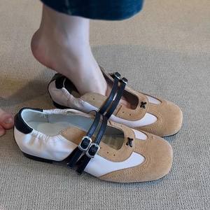 Chaussures décontractées sportives plates pour femmes, style Mary Jane, en daim découpé, à double boucle, color block rétro, collection 2026 - Product Image 1