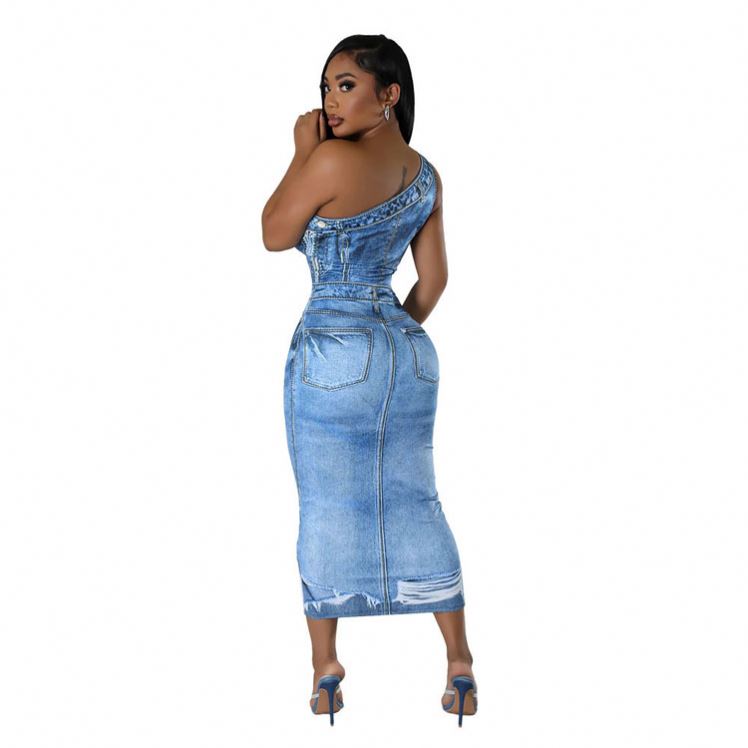 one shoulder denim dress Lady Black Tie - Side To Side - One Shoulder Bodycon Denim Mini Dress main image 0