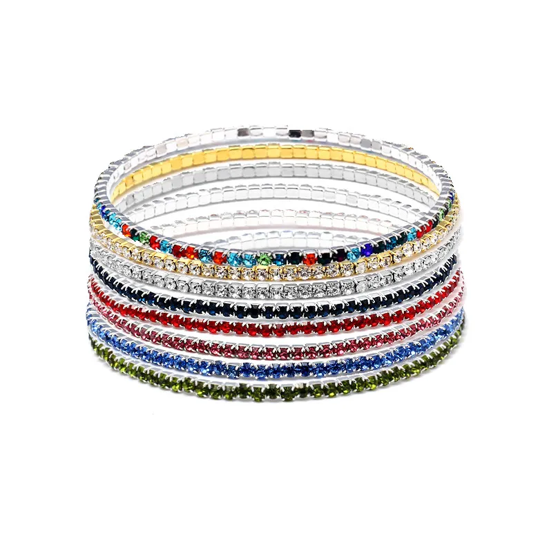 Gioielli di moda 18k placcato oro lucido colorato CZ bracciale tennis 2mm piccolo bling arcobaleno strass elasticizzato bracciale per donna