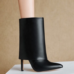 Solid Folding Design Pointed Toe Booties for Women Thin High Heel Slip-on Short Shoes Fashion Western Plus Size 43 Ankle <b>Boots</b> - Product Image 5