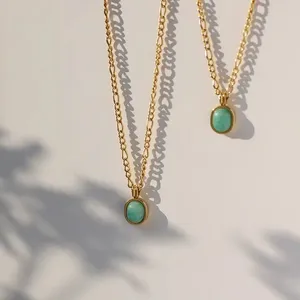 Oval Bezel Setting Faceted Natural Earthy Mint Green Amazonite Pendant Stainless Steel 18K Gold Chain Link Necklace