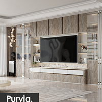 Meuble TV mural sur mesure Purvia de luxe, armoires en bois grainé, portes vitrées, étagères, console multimédia effet marbre, salon