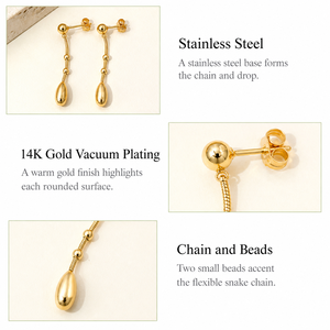 Pendientes Colgantes de Lágrima con Cadena de Serpiente y Cuentas, de Acero Inoxidable con Baño de Oro de 14K al Vacío, Joyería con Bola de 43mm - Product Image 3