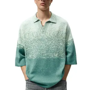 Kustom Oem musim panas baru kaus Polo kerah V rajutan katun gradien pakaian rajut sweter lengan pendek