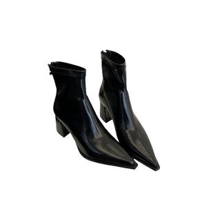 Bottines à talon bloc et bout pointu pour femme, nouvelle collection hiver automne, en cuir verni noir, avec fermeture éclair arrière, élégantes et haut de gamme - Product Image 2