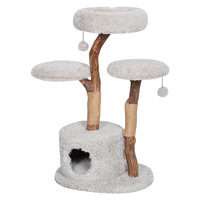 Arbre à chat compact à 2 niveaux en bois avec design de branches organiques, style minimaliste, finition lisse et bords arrondis sécurisés