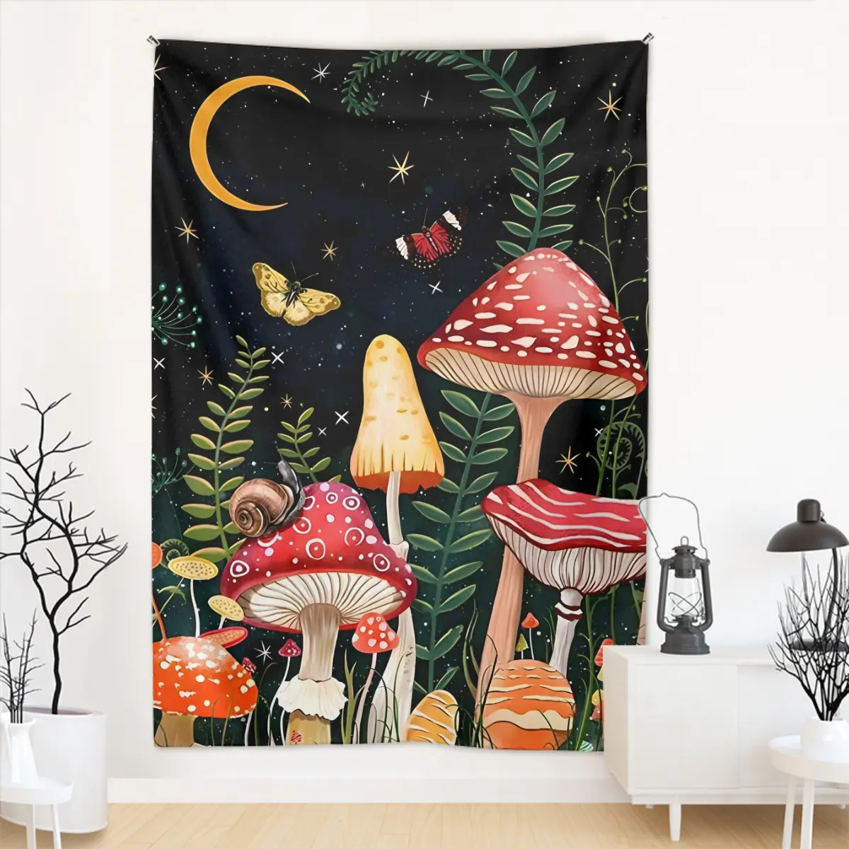 Red Mushroom Tapestry Butterfly Moon Starry Night Tapestry Wall Hanging Black Fabric Bedroom Art Customized Logo Decorative MHL