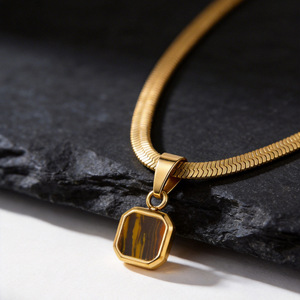 Цепочка из нержавеющей стали 316L с позолотой 18K, квадратный кулон из малахита, лазурита и тигрового глаза, водонепроницаемое украшение. - Product Image 5
