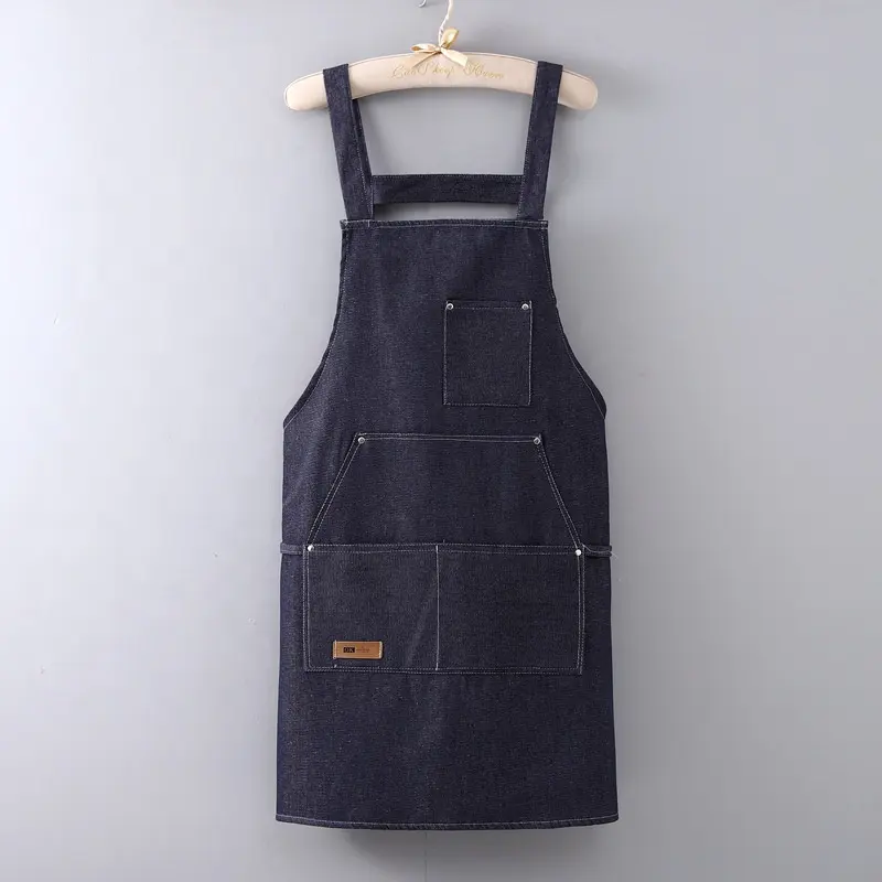 Zwarte Keuken Huis Slabbetje Schort Voor Vrouwen Custom Geborduurd Logo Chef-Kok Koken Denim Chef Canvas Schort Met Zakken