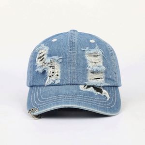 Manufactory Wholesale Most Popular 6 Panel Stylish Youth Fitted Unstructured Denim Jeans Distressed Baseball <b>Hat</b> - Product Image 1