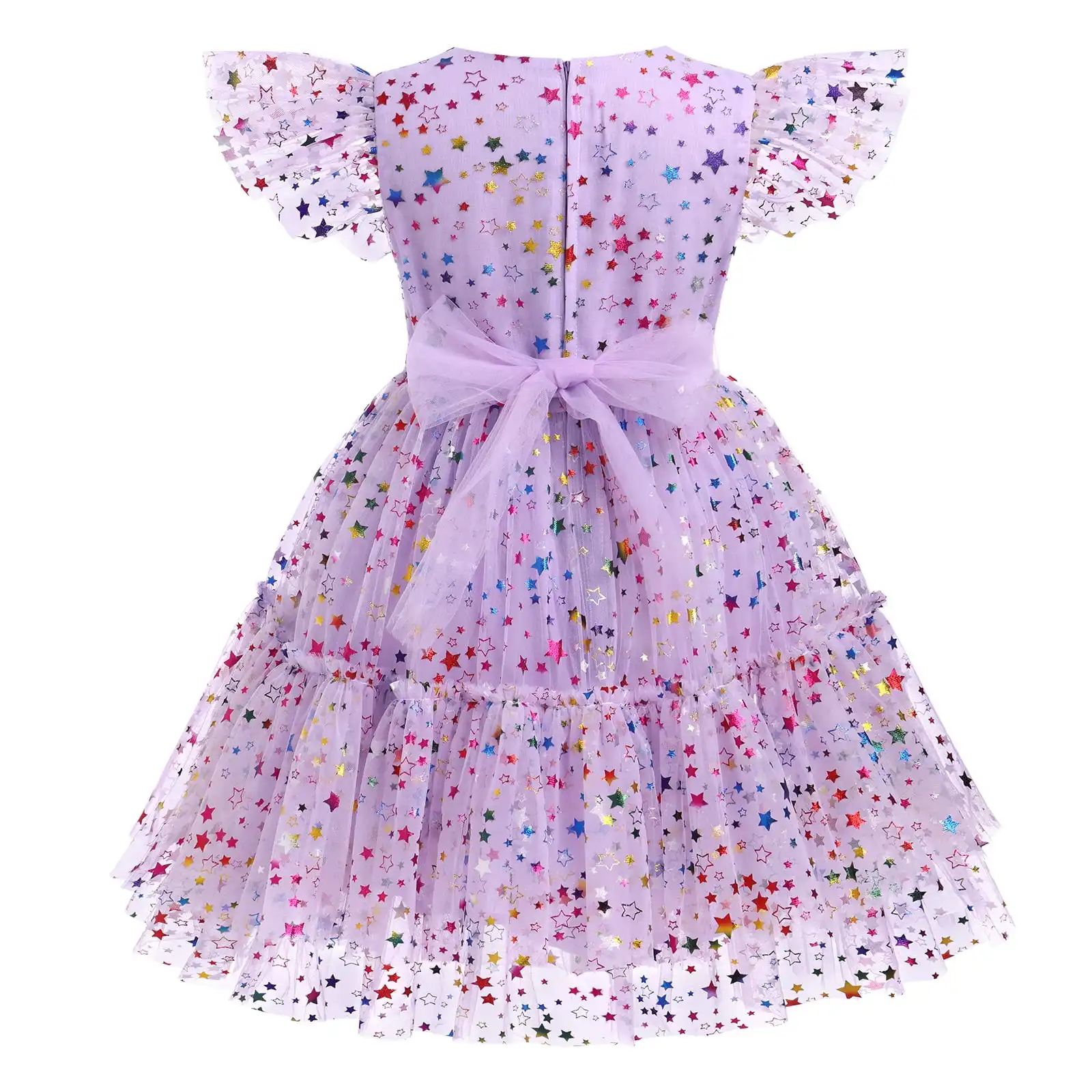 थोक सेक्विन स्टार प्रिंट ड्रेस ग्रीष्मकालीन बच्चों की लड़की टूटू फ़्लटर आस्तीन वाली पोशाक ट्यूल बेबी गर्ल ग्रीष्मकालीन पोशाक