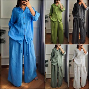 Completo da <span class=keywords><strong>donna</strong></span> taglie forti 2026 in cotone e <span class=keywords><strong>lino</strong></span> tinta unita, casual, ampio, con camicia e <span class=keywords><strong>pantaloni</strong></span> a gamba larga, 2 pezzi - Product Image 6