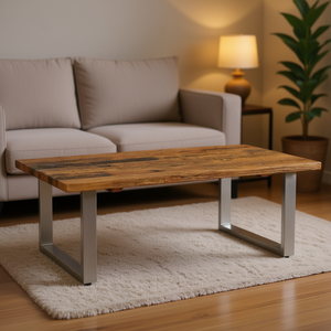 Tavolino da Caffè in Legno Recuperato 39.4x23.6x15 Pollici, Elegante Arredamento Moderno per Soggiorno, Struttura in Metallo, Fatto a Mano - Product Image 2