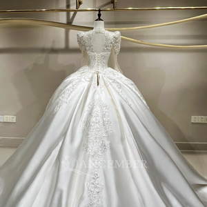 JFH88 Exquisite Satin V-Neck <b>Sequined</b> Crystal Chapel Train Modern Floral Lace Appliques Embroidery Floor-Length Wedding Ball - Product Image 4