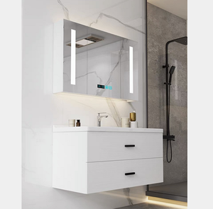 Mobile <span class=keywords><strong>Bagno</strong></span> con Specchio in PVC <span class=keywords><strong>Bianco</strong></span> da Parete, Lavabo in Vetro <span class=keywords><strong>Bianco</strong></span>, Vendita all'Ingrosso - Product Image 1