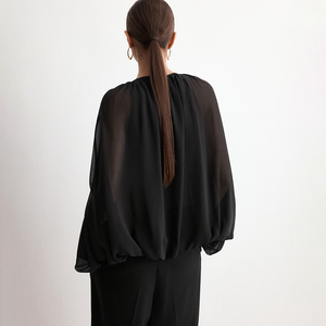 Chemisier <span class=keywords><strong>Noir</strong></span> Oversize à Manches Bouffantes et Ourlet Bulle, Col Rond, en Chiffon Transparent, Coupe Ample, Froncé, Élégant pour <span class=keywords><strong>Soirée</strong></span> - Product Image 5