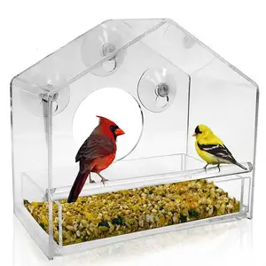 Weatherproof Design Drains Rain Large Crystal Clear Acrylic Window Bird Feeder Outdoor