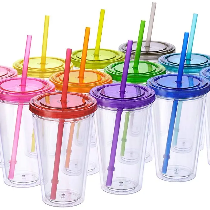 Прозрачный пластиковый стакан, бутылка для воды, двойная настенная стакан, чашка с крышкой, многоразовые соломинки и бирки с именами Hello, 16 унций, разные цвета