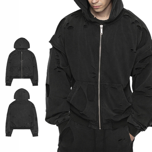 Sweat-shirt à capuche zippé vintage délavé 100 % coton KingSen personnalisé avec trous, coupe oversize, pour homme, style streetwear - Product Image 1
