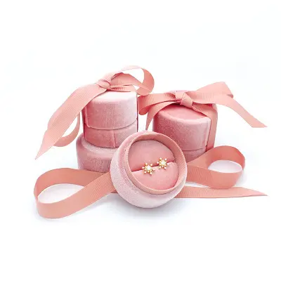 Custom Jewelry Box Packaging Velvet Wedding Ring Earrings Pendant Jewellery Packaging Box Round Pink Ring Box with Ribbon