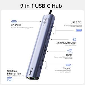 Adaptateur Hub USB/USB-C 9-en-1 BIAZE pour MacBook/iPhone, 3 ports USB (2xUSB 3.0, 1xUSB 2.0), Ethernet 100M, lecteur de cartes SD/TF, 3,5 mm - Product Image 2