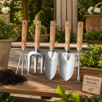 Ensemble d'outils de jardinage professionnels 5 pièces en acier inoxydable, pelle, bêche, fourche, désherbeur robustes avec manche ergonomique en bois pour la plantation