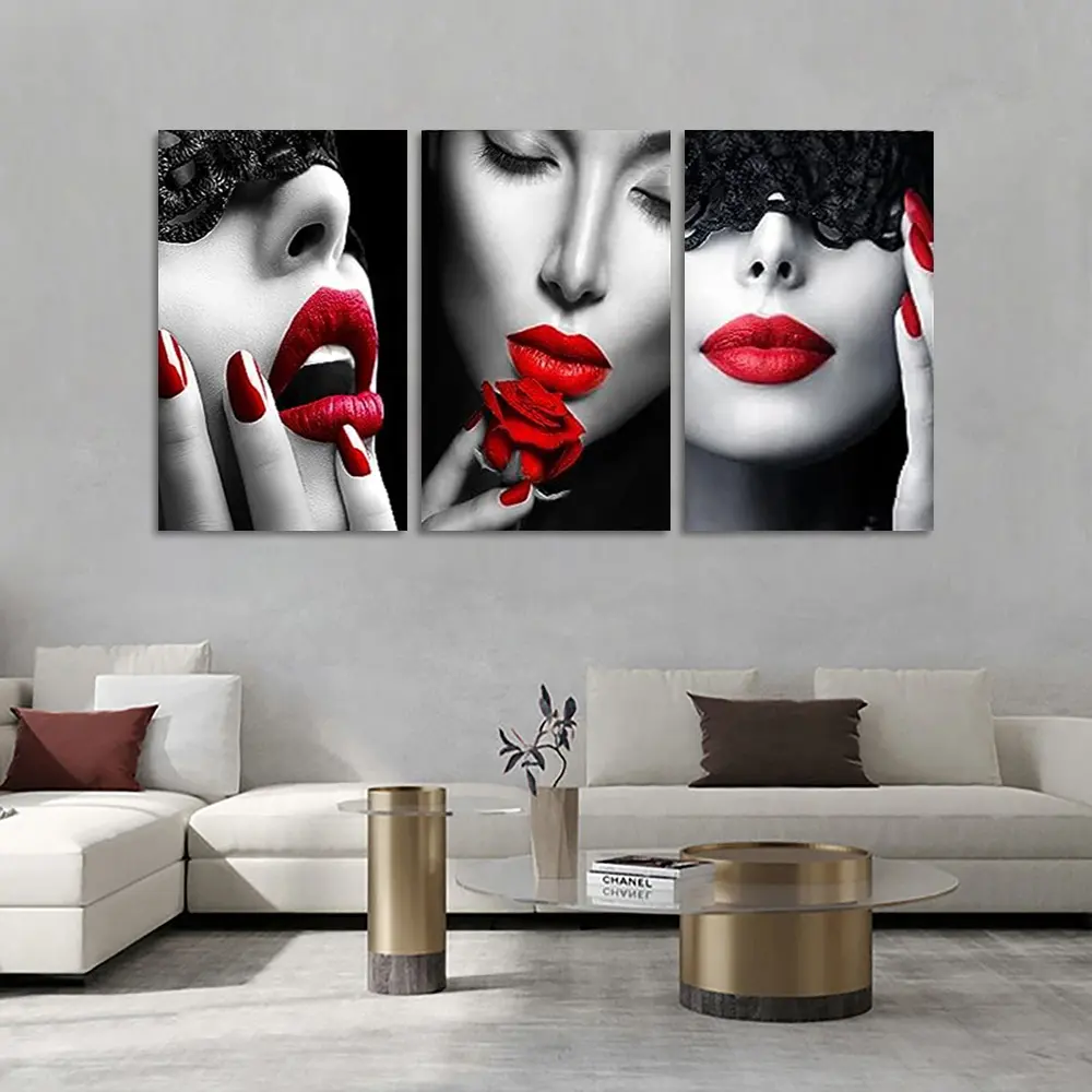 Frau Porträt Wand kunst Rote Lippen Schwarz-Weiß-Malerei 3 Stück Leinwand schönes Mädchen Gesicht mit Rose Kunst Home Decoration