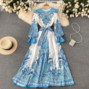 Bán Buôn 2024 Mùa Hè Châu Âu Và Mỹ Phong Cách Dresses Cổ Cao Eo Mỏng Phù Hợp Với In A-Line Lớn Đu Của Phụ Nữ Mặc - Product Image 4