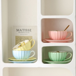 盛开的栀子花南瓜形花粉色茶具2杯茶碟优雅陶瓷咖啡杯 - Product Image 4