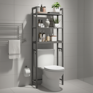 Étagère de rangement métallique sur les toilettes, 4 niveaux, autoportante, organisateur de salle de bain avec crochets, gris - Product Image 2