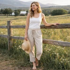 <span class=keywords><strong>Pantaloni</strong></span> Corti da <span class=keywords><strong>Donna</strong></span> Personalizzati in Puro <span class=keywords><strong>Lino</strong></span> <span class=keywords><strong>Beige</strong></span> con Vita Elastica e Coulisse, Vestibilità Ampia per Abbigliamento Femminile - Product Image 5