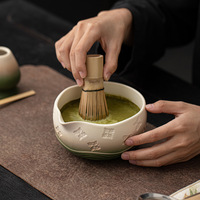 Harmony Bol en céramique moderne à bec verseur, motif floral en relief, vert dégradé, style Matcha, avec base en bambou, écologique, Japandi Wabi Sabi